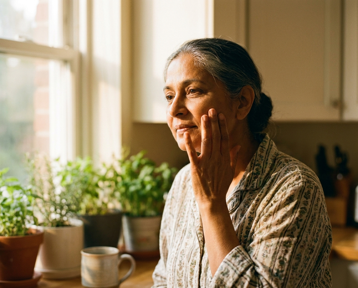 Older woman touching her cheek by sunny window
