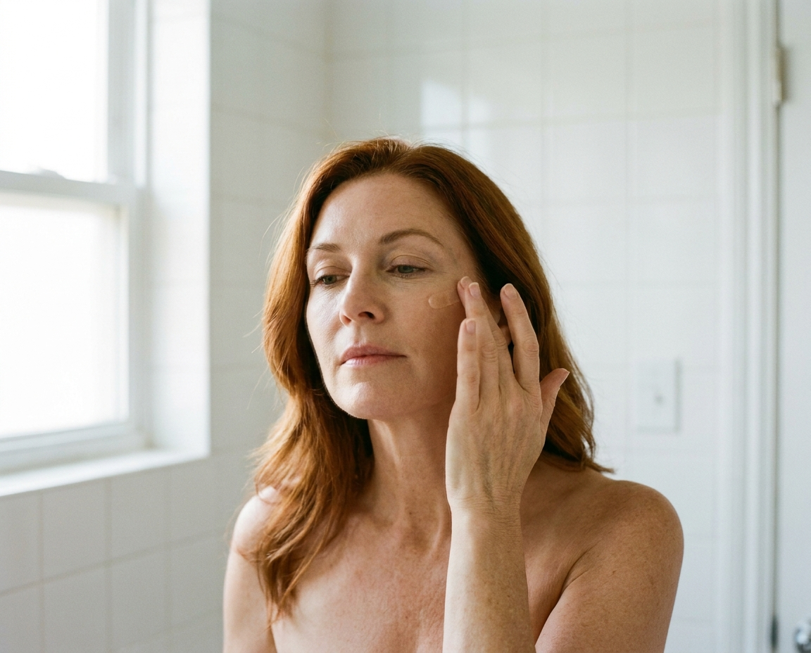 A woman in her late 40s with fair skin applying serum to her cheekbone in soft morning light as part of her skincare routine