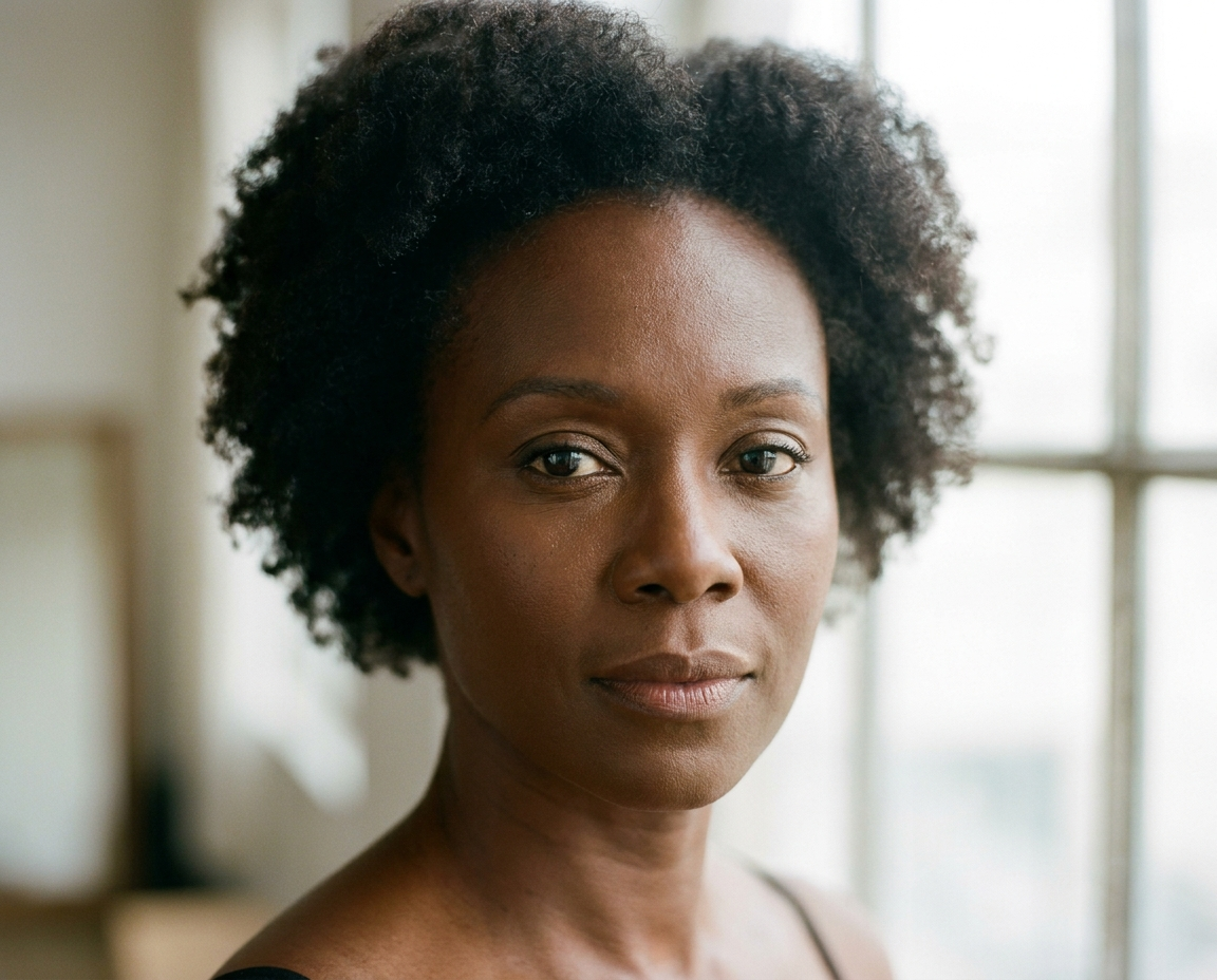 Close-up portrait of a woman in her early 50s with rich brown skin and a beautiful clear complexion, looking at the camera with quiet confidence