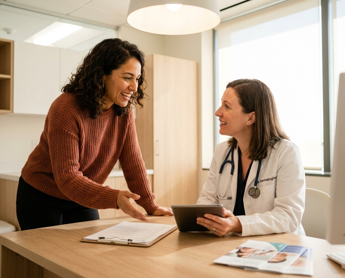 A woman in her mid-40s with olive skin having an engaged consultation with a female dermatologist in a modern clinic