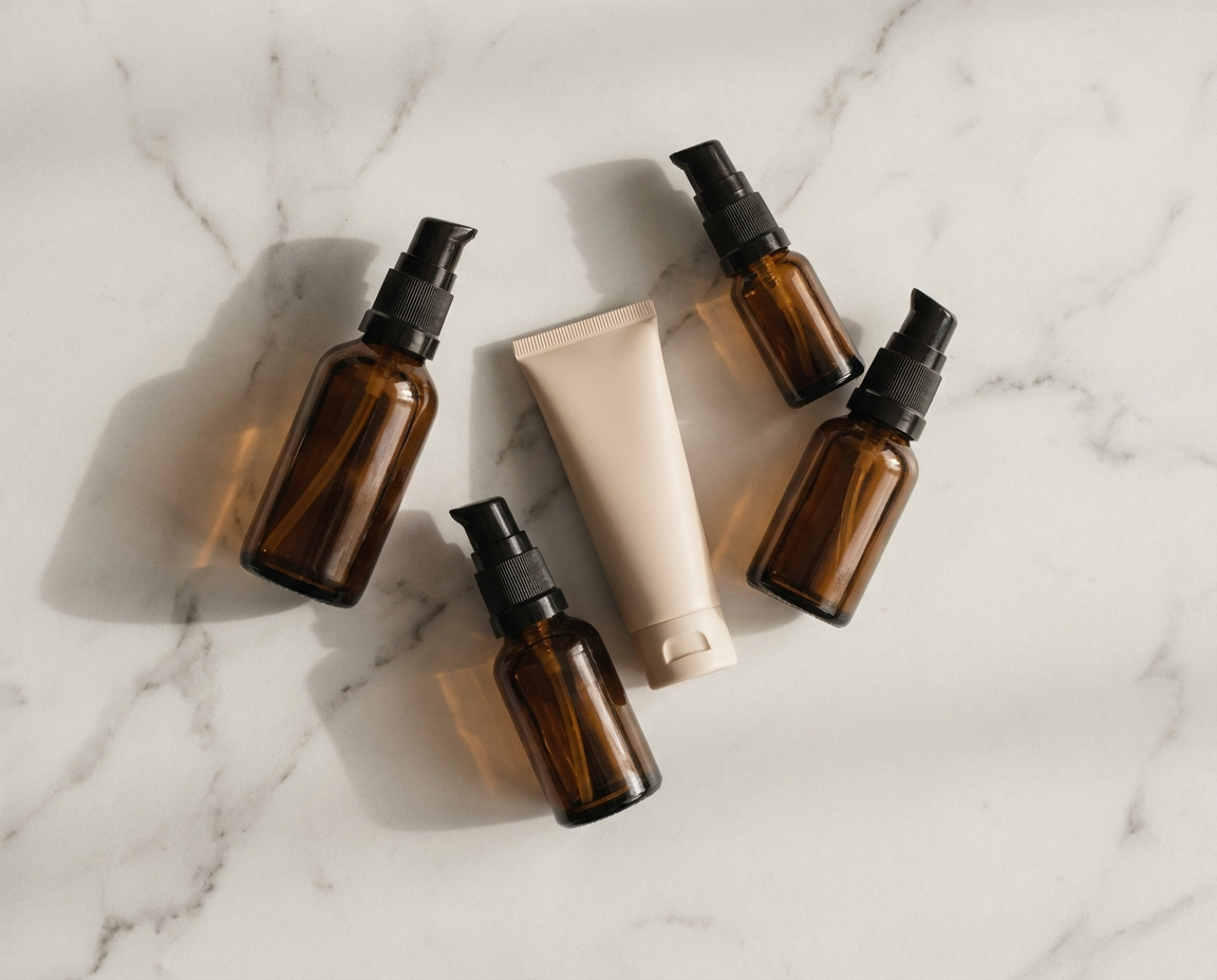 Editorial flat lay of acne scar treatment serums and skincare bottles on white marble surface