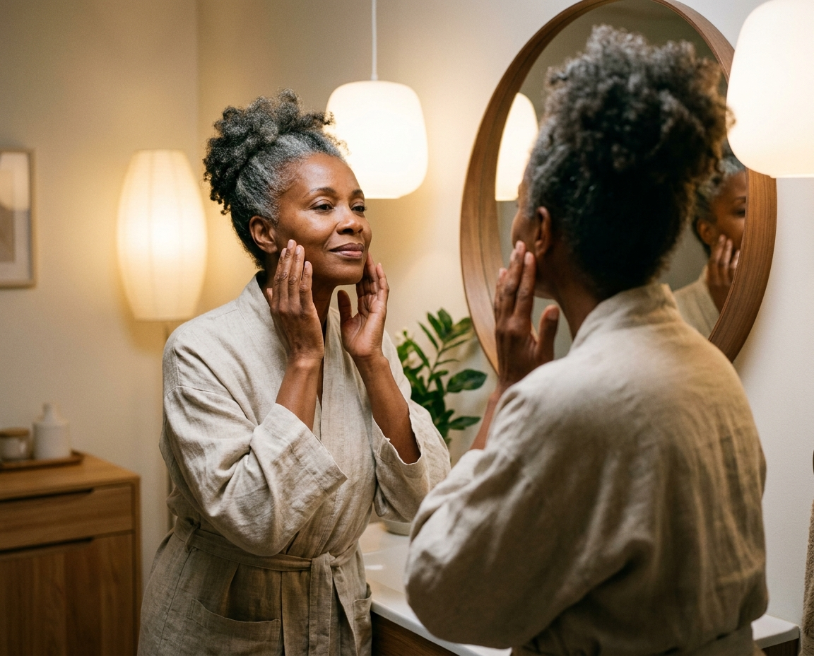 Black woman in her late 50s touching her cheekbones while looking in a bathroom mirror