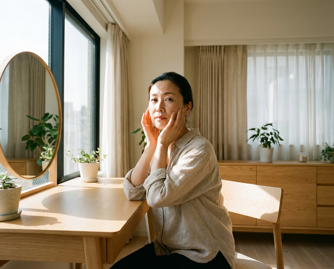 East Asian woman in her mid-40s at a sunlit vanity with morning light streaming through a large window