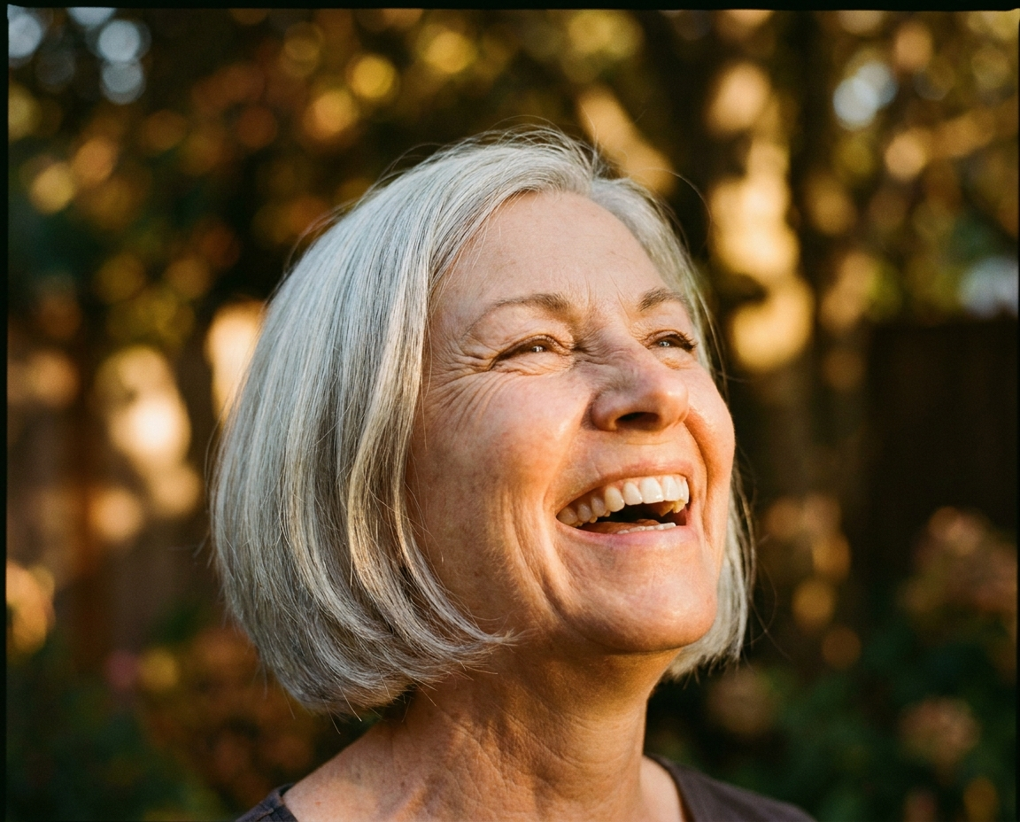 Caucasian woman in her early 60s with silver hair laughing warmly in dappled outdoor afternoon light