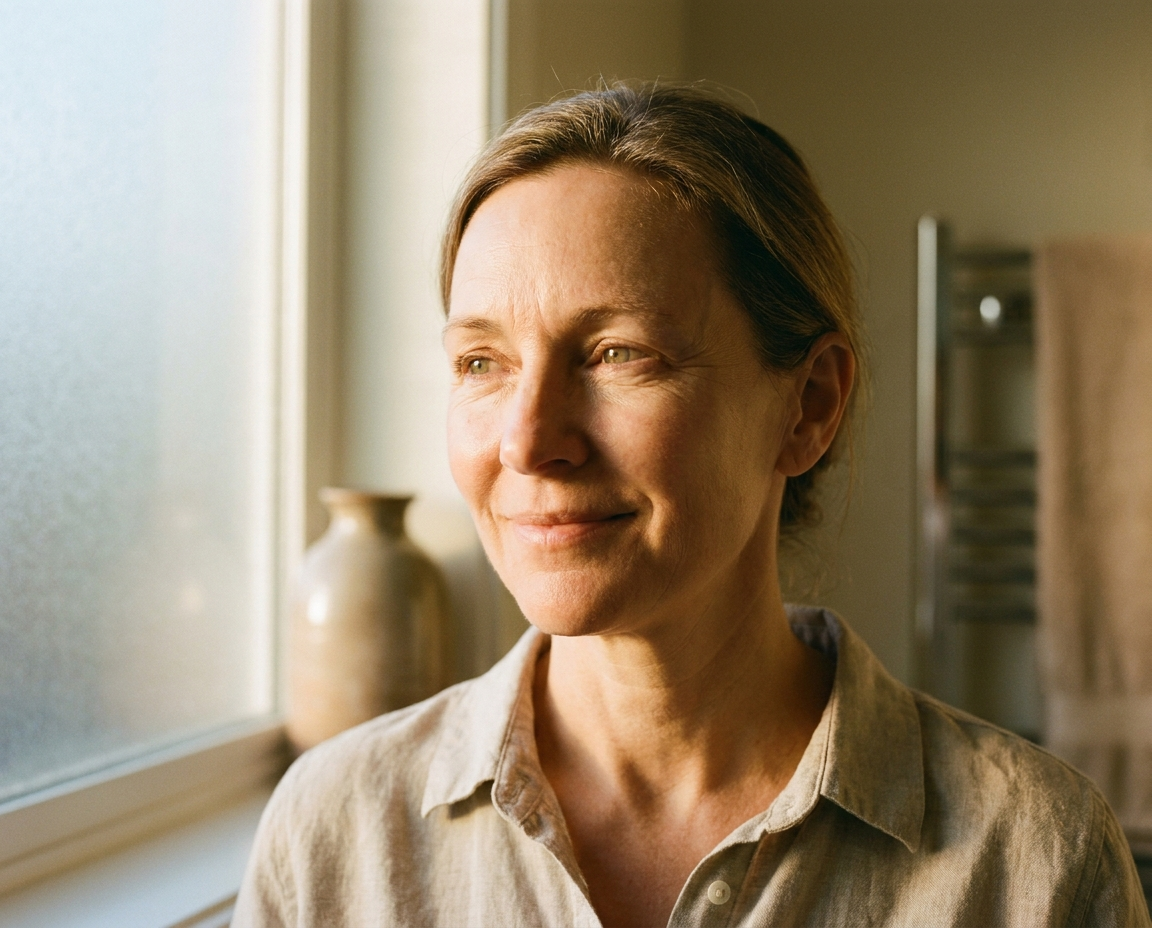 Woman gazing out window in warm sunlight