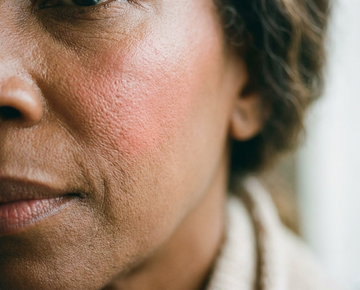 Close-up of a woman's cheekbone with a beautiful warm coral blush flush