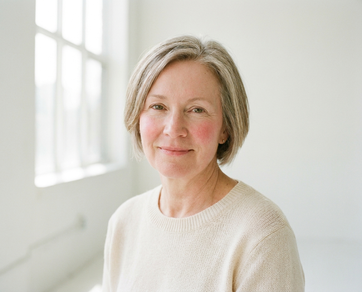 Confident woman in her late 50s with silver hair and a natural healthy flush