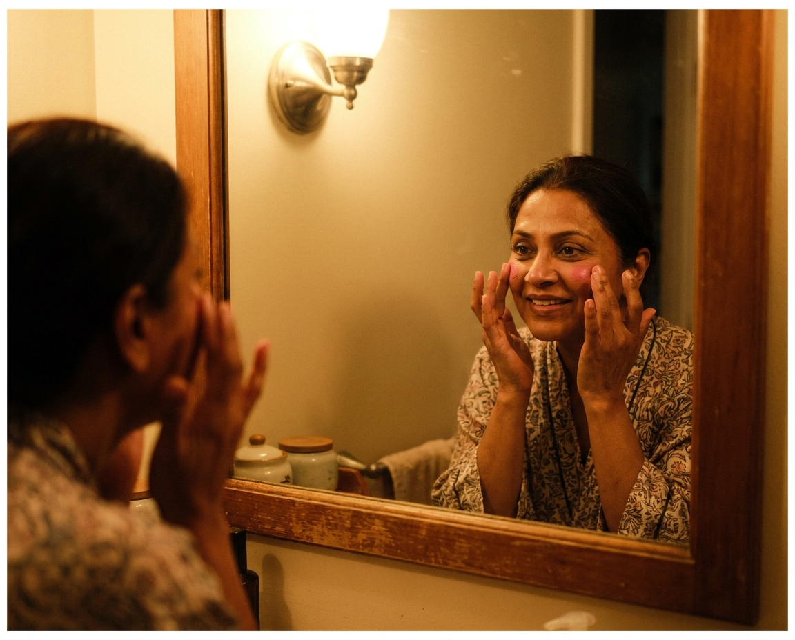 Woman applying cream blush with her fingertips in front of a bathroom mirror