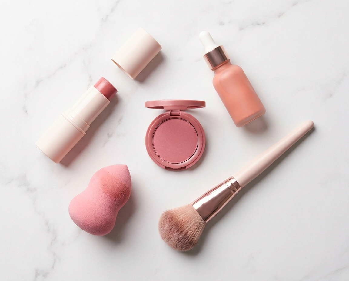 Flat lay of blush products on a white marble surface including stick, compact, liquid and brushes
