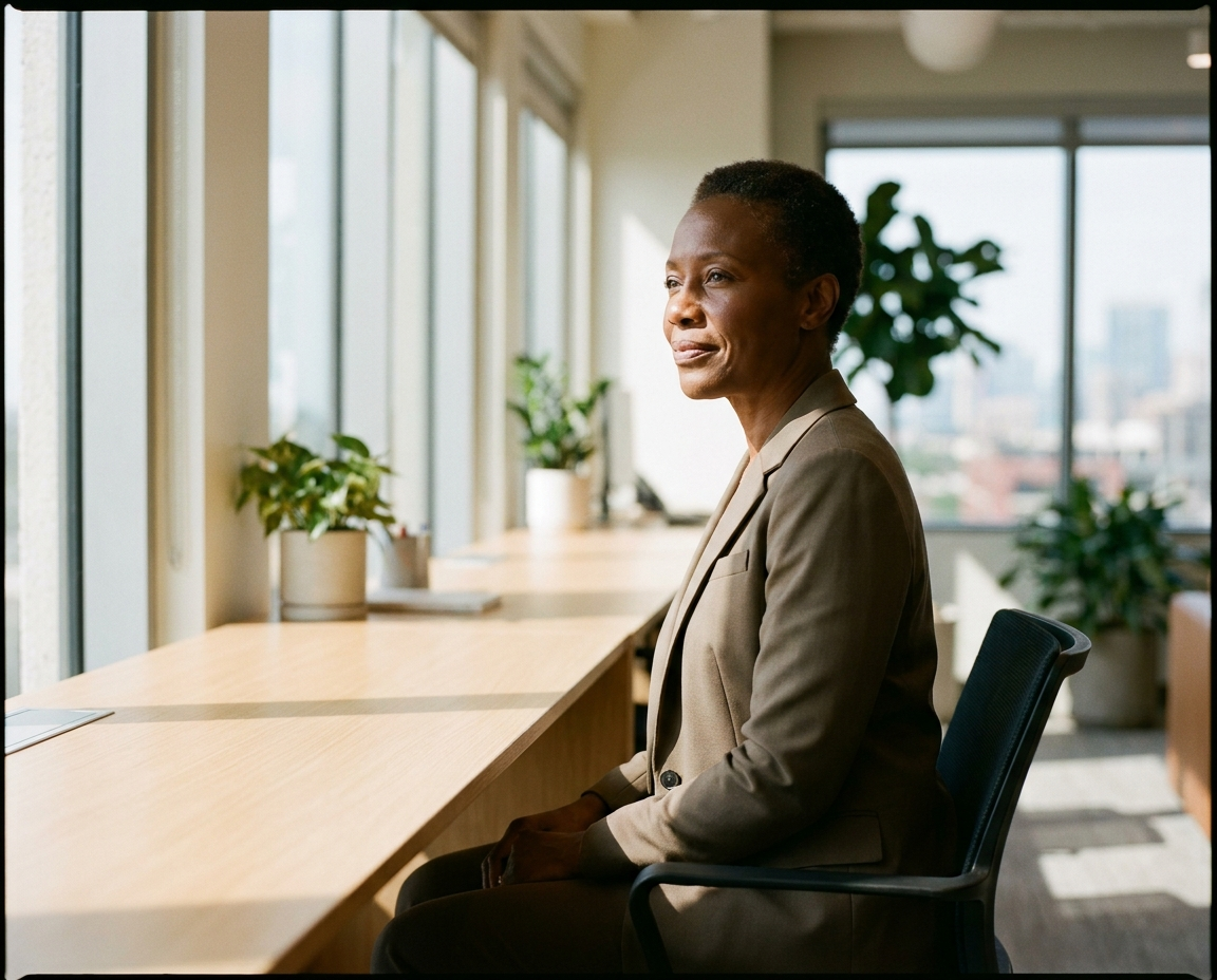 A woman in her mid-50s with deep brown skin seated with excellent upright posture at a modern desk, demonstrating the postural benefits of spinal care