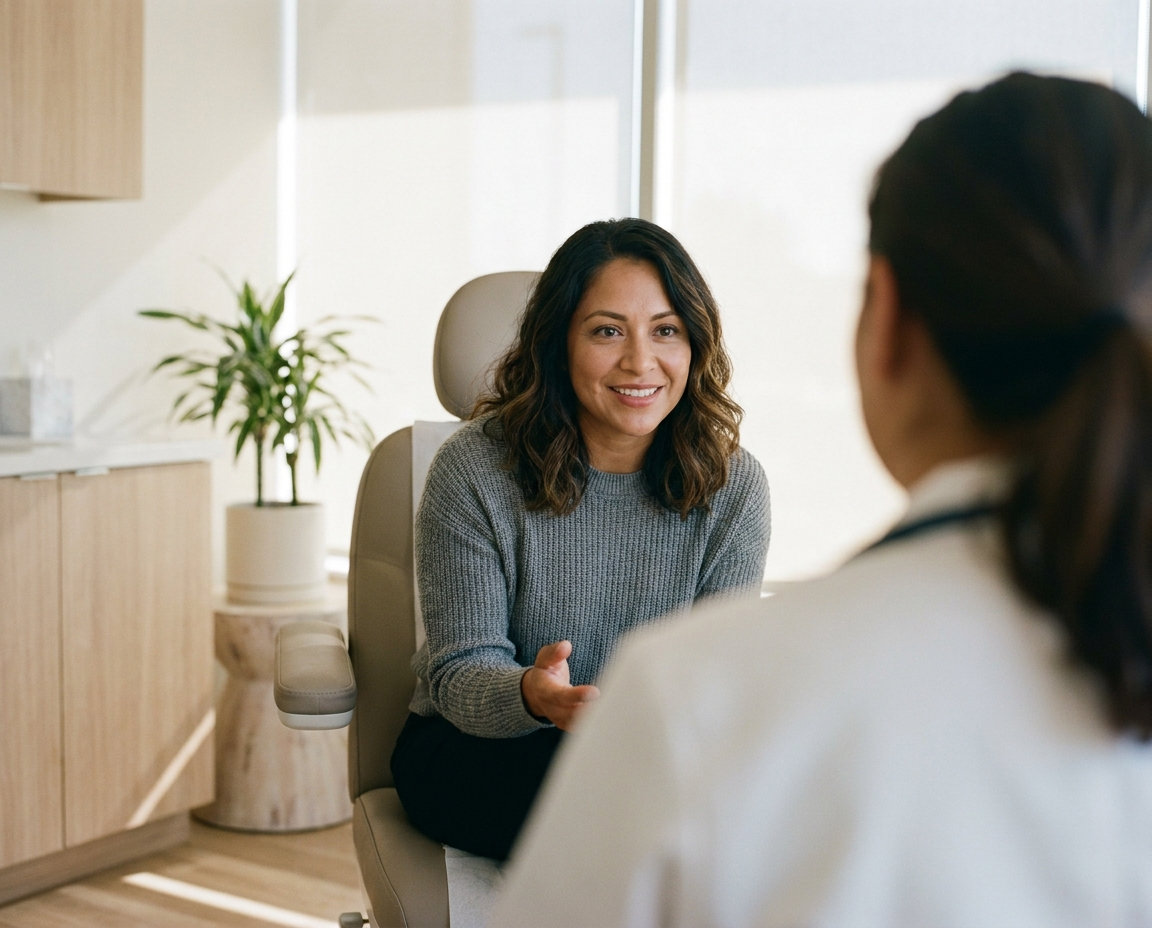 A woman in her early 50s engaged in a focused, informed conversation with a healthcare provider in a modern clinical setting