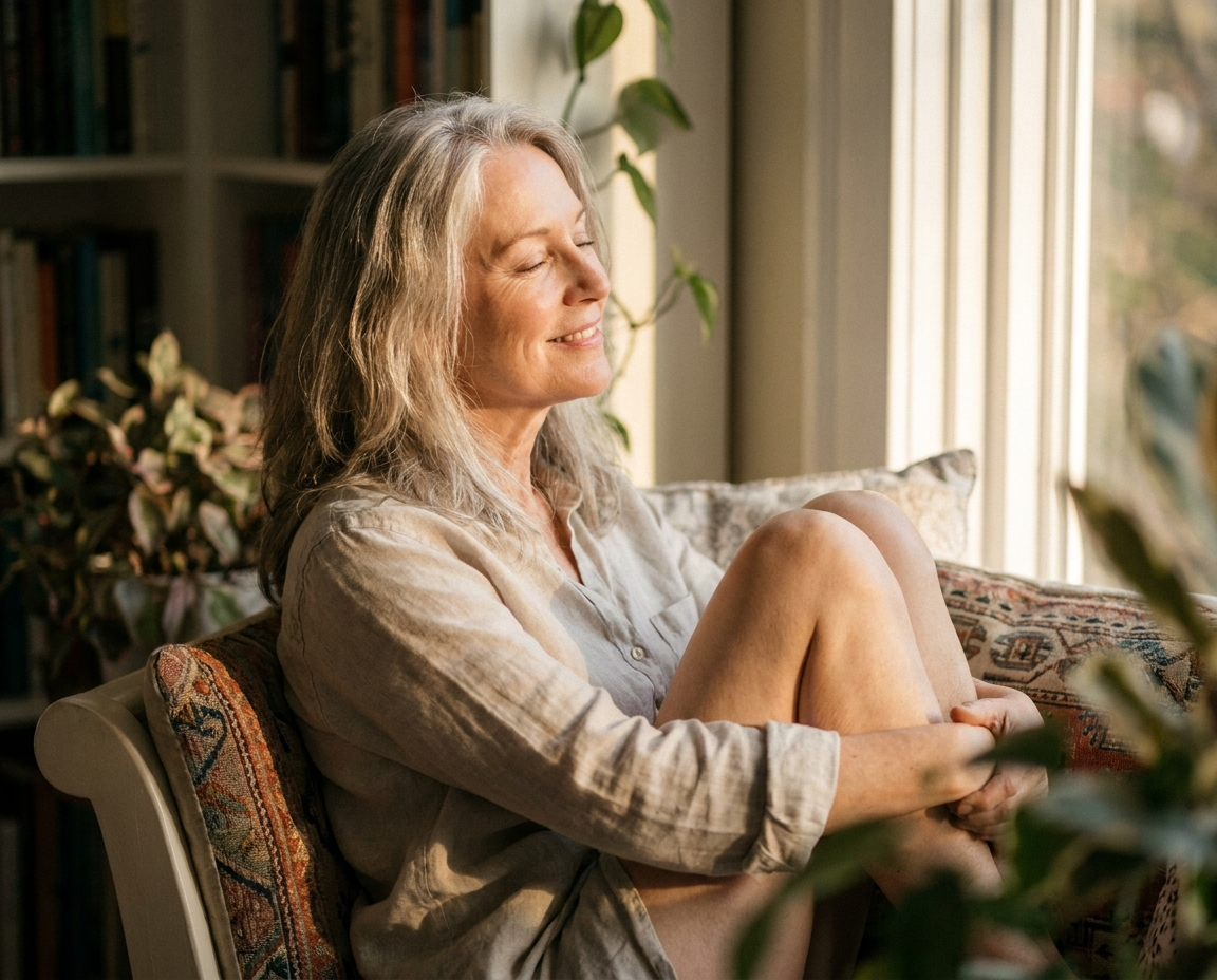 A woman in her early 60s with silver-streaked hair sitting peacefully in warm window light, looking relaxed and at ease after chronic pain has lifted