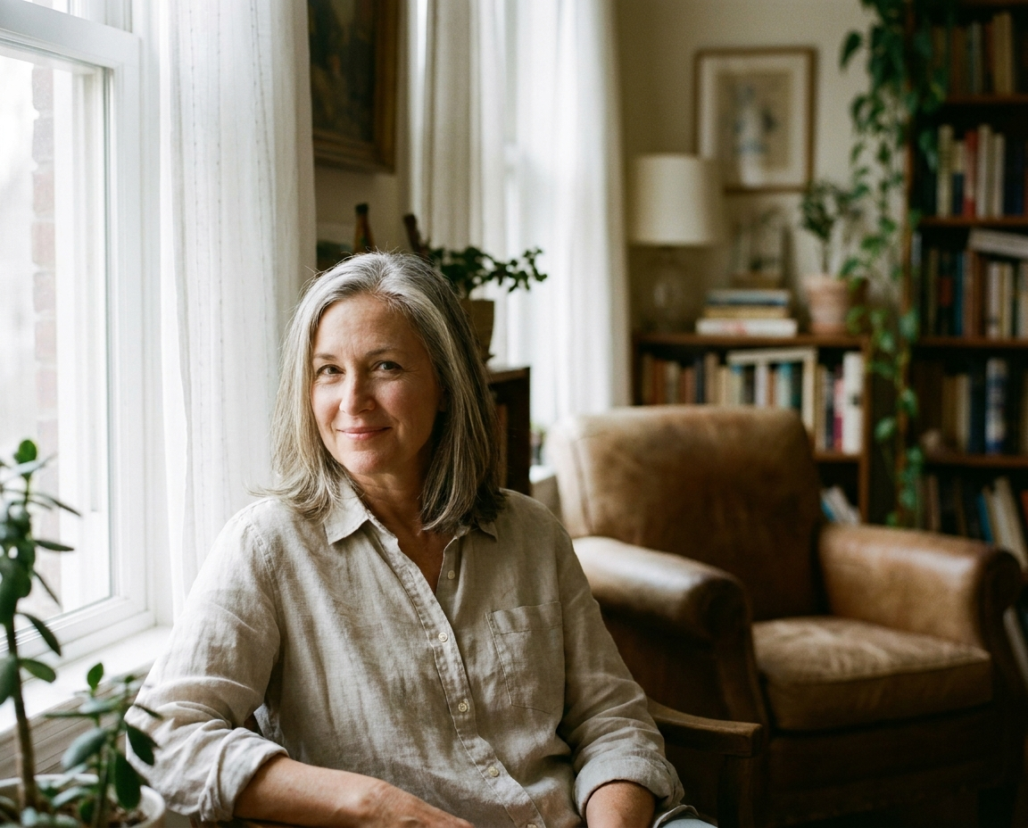 Smiling gray-haired woman sitting by window indoors