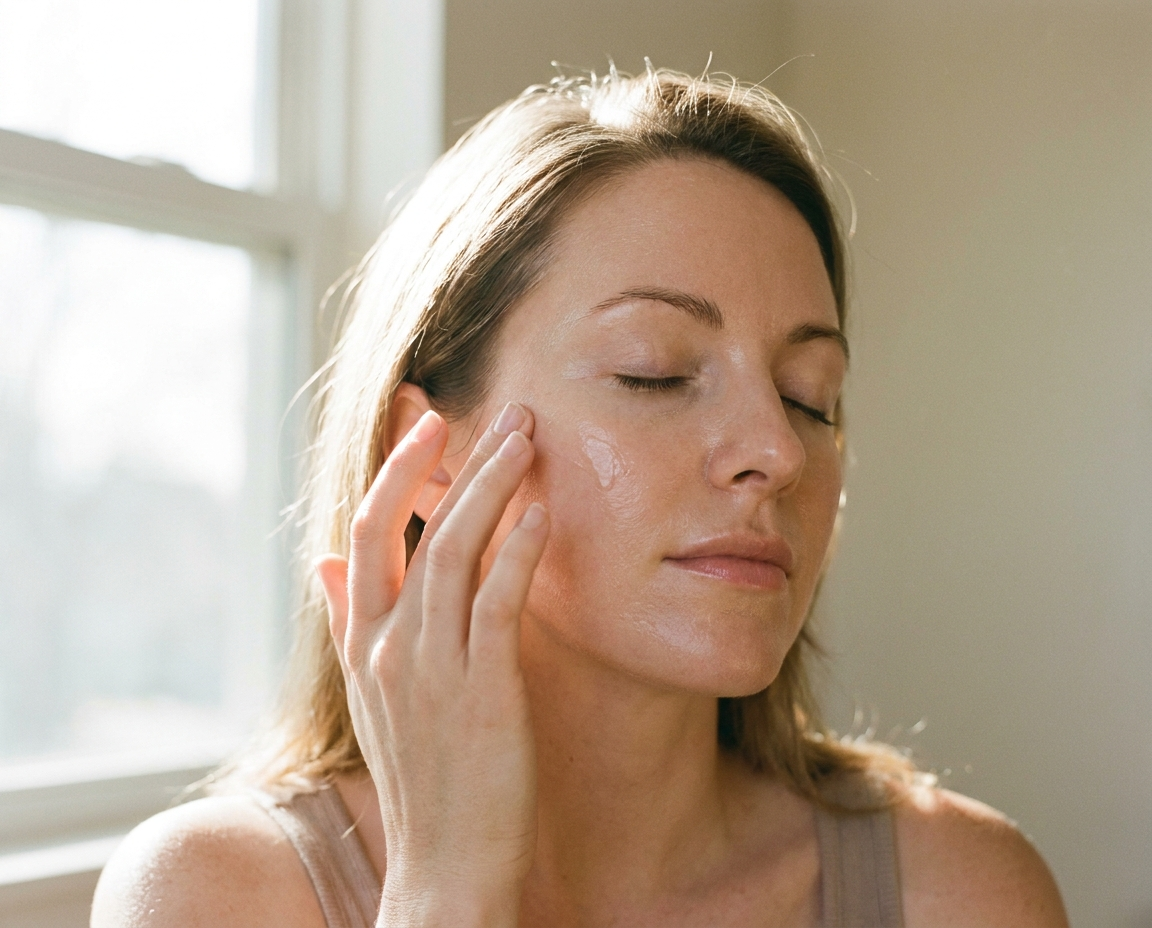 Woman applying facial serum by sunlit window
