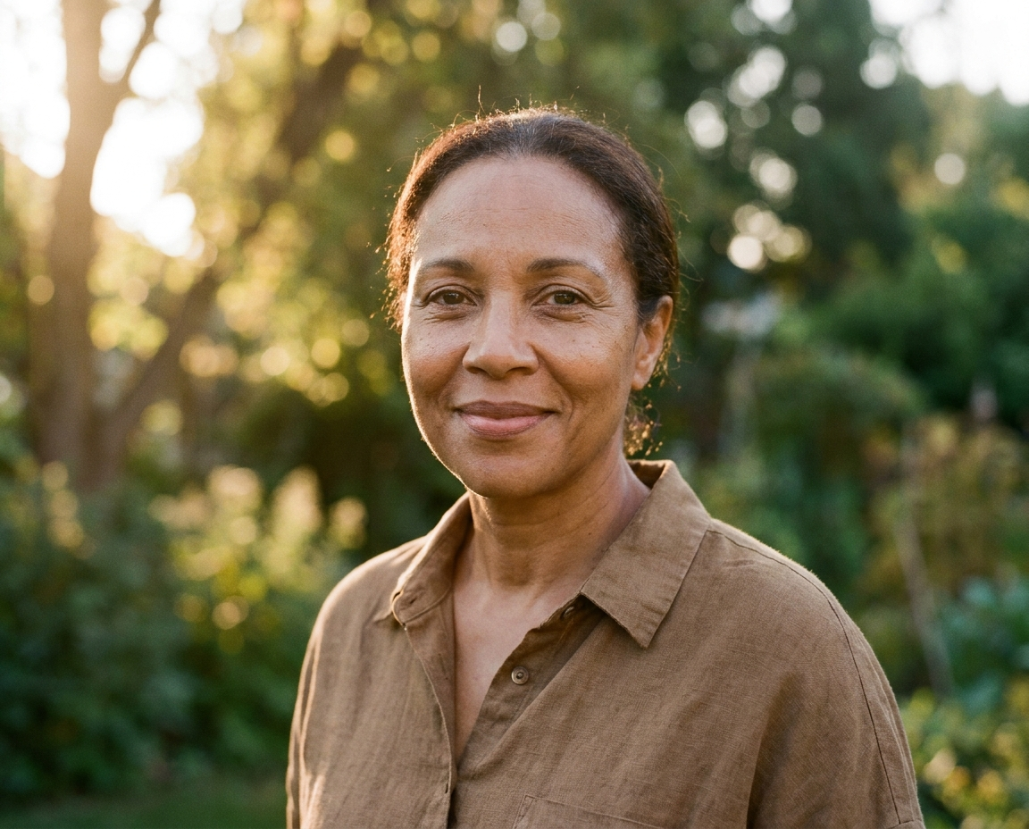 A Latina woman in her early 50s with clear radiant skin looking confidently into camera in golden hour light