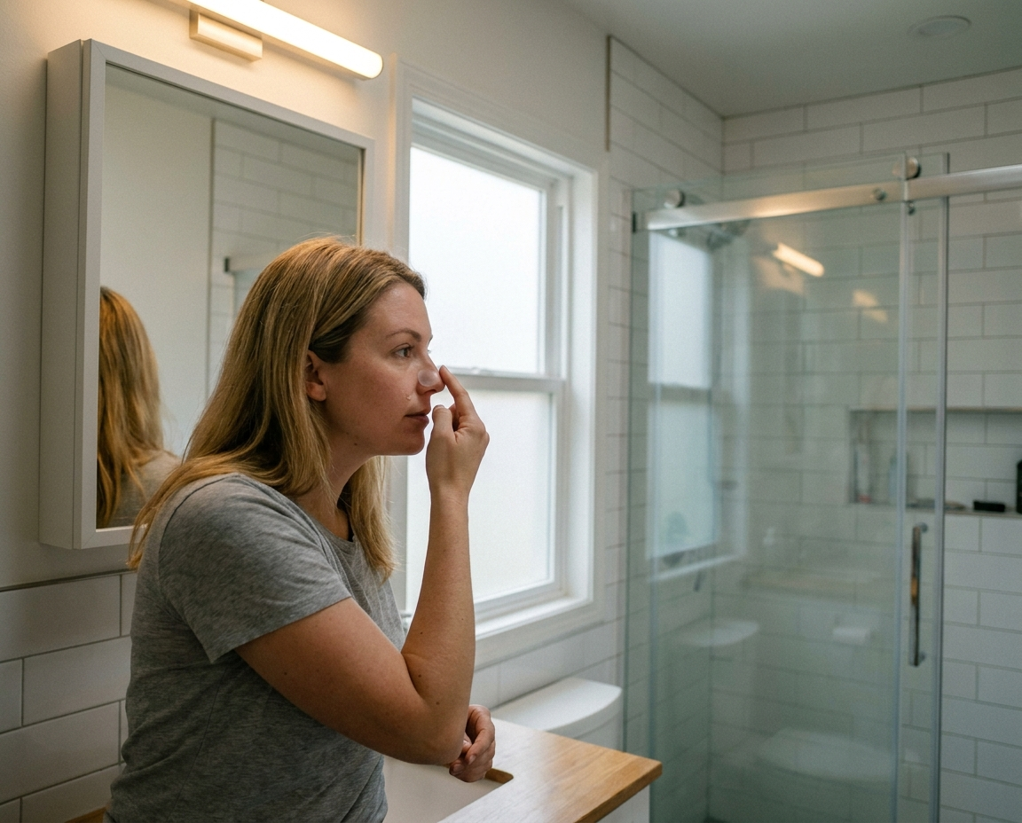 A woman in her late 40s applying a hydrocolloid patch to her nose in front of a bathroom mirror