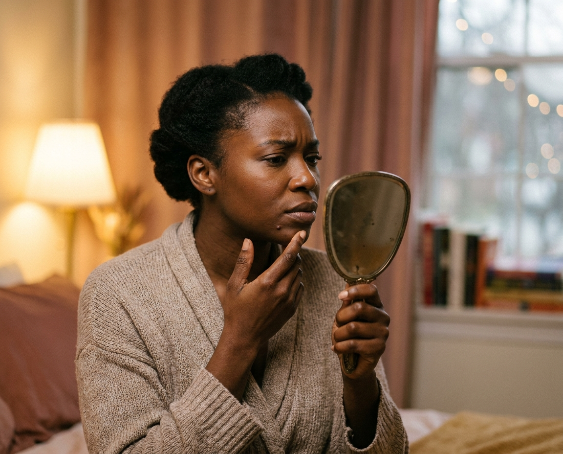 A Black woman in her late 30s examining her face closely in a hand mirror with a thoughtful expression