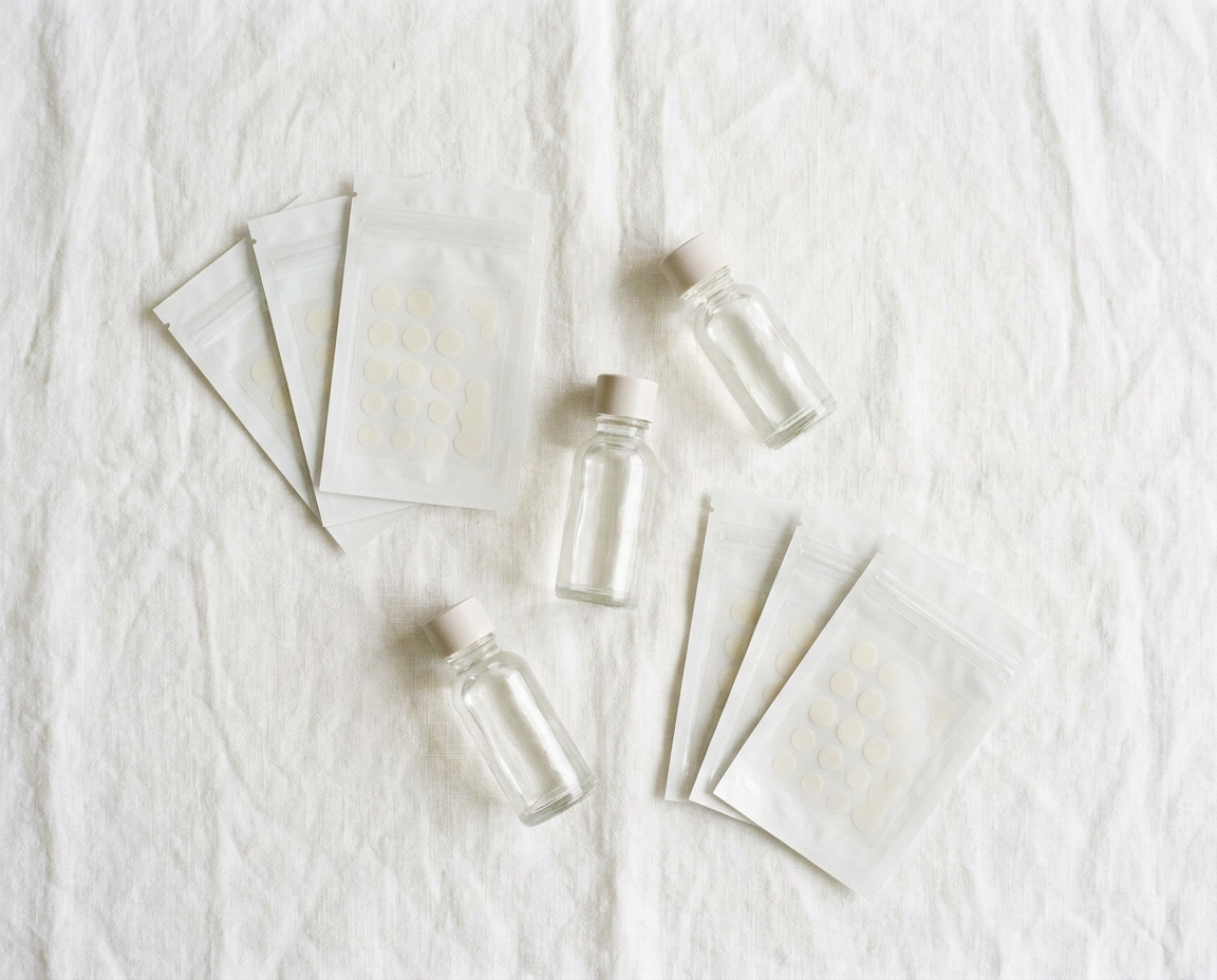 Flat lay of minimalist skincare spot treatment products on white linen including hydrocolloid patches and serums