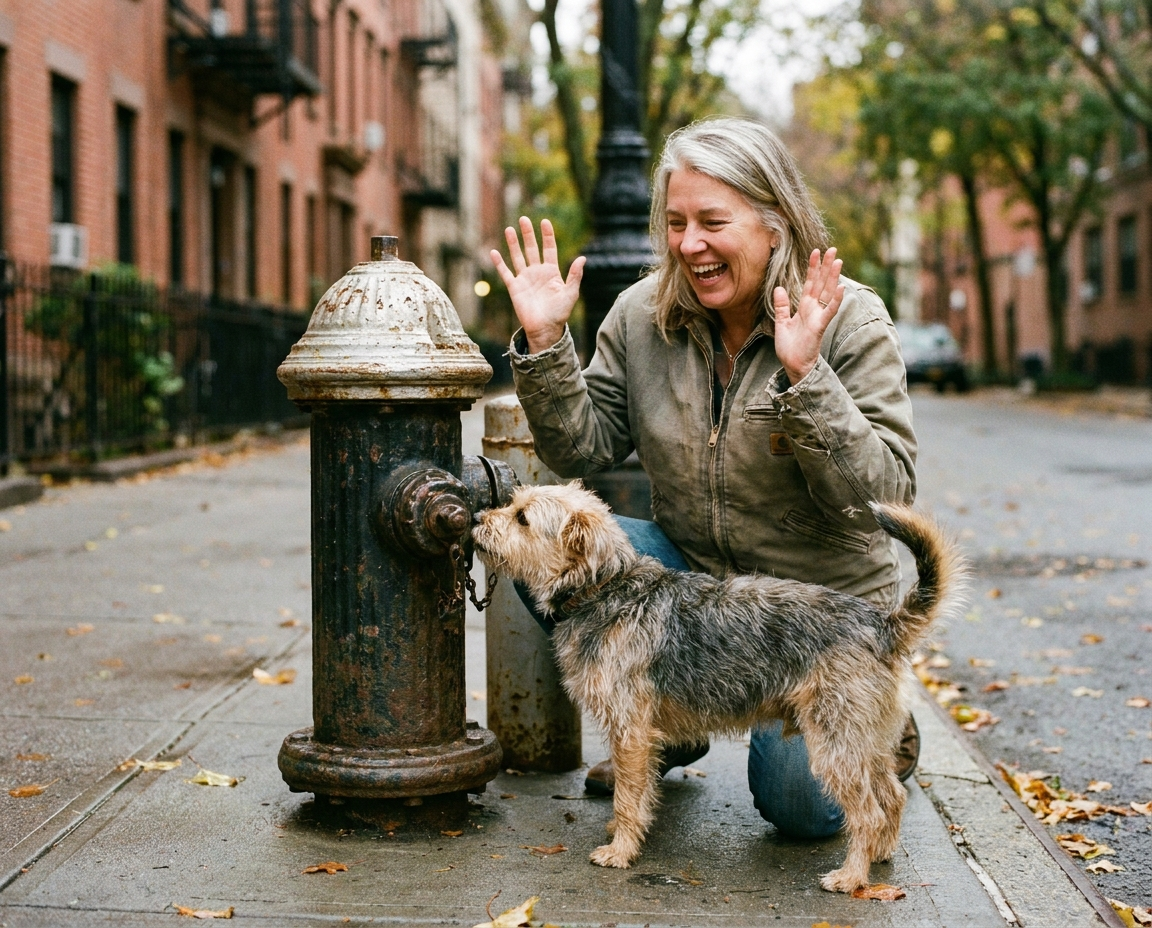 Woman with silver-streaked hair laughing as her small scruffy dog stops to sniff at a fire hydrant