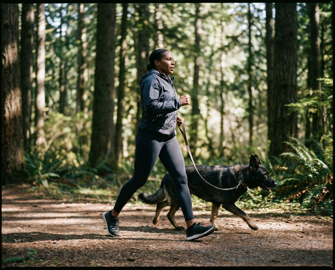Athletic woman with dark skin walking confidently with a large dog on a wooded trail with dappled light