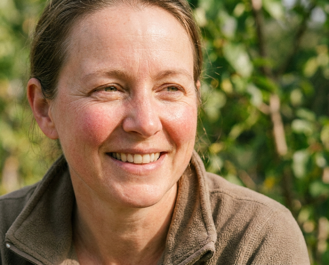 Close-up portrait of a woman in her late 40s with rosy cheeks and bright eyes after a walk outdoors
