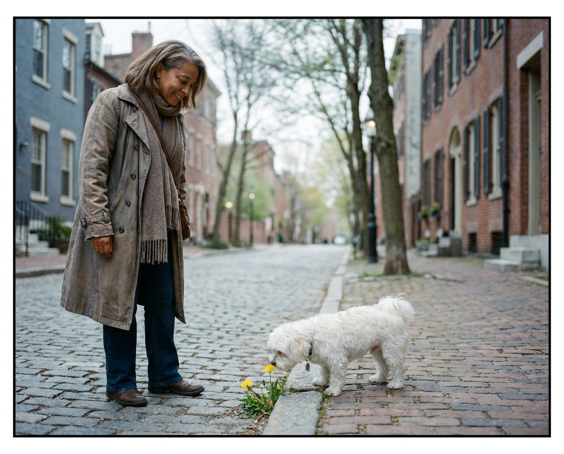 Woman with medium-light brown skin pausing serenely on a quiet street while her small white dog investigates a flower