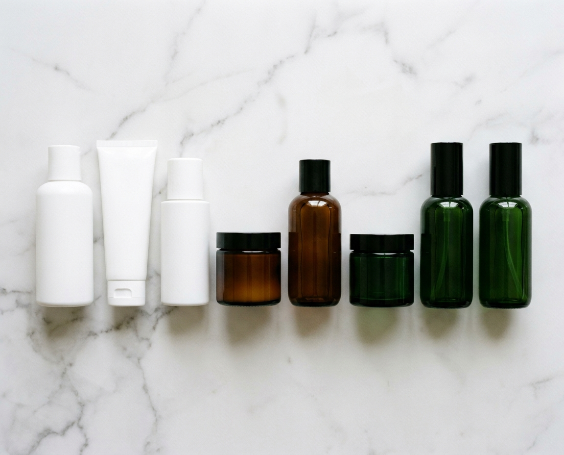 Flat lay of drugstore and luxury skincare products side by side on a marble surface, editorial style