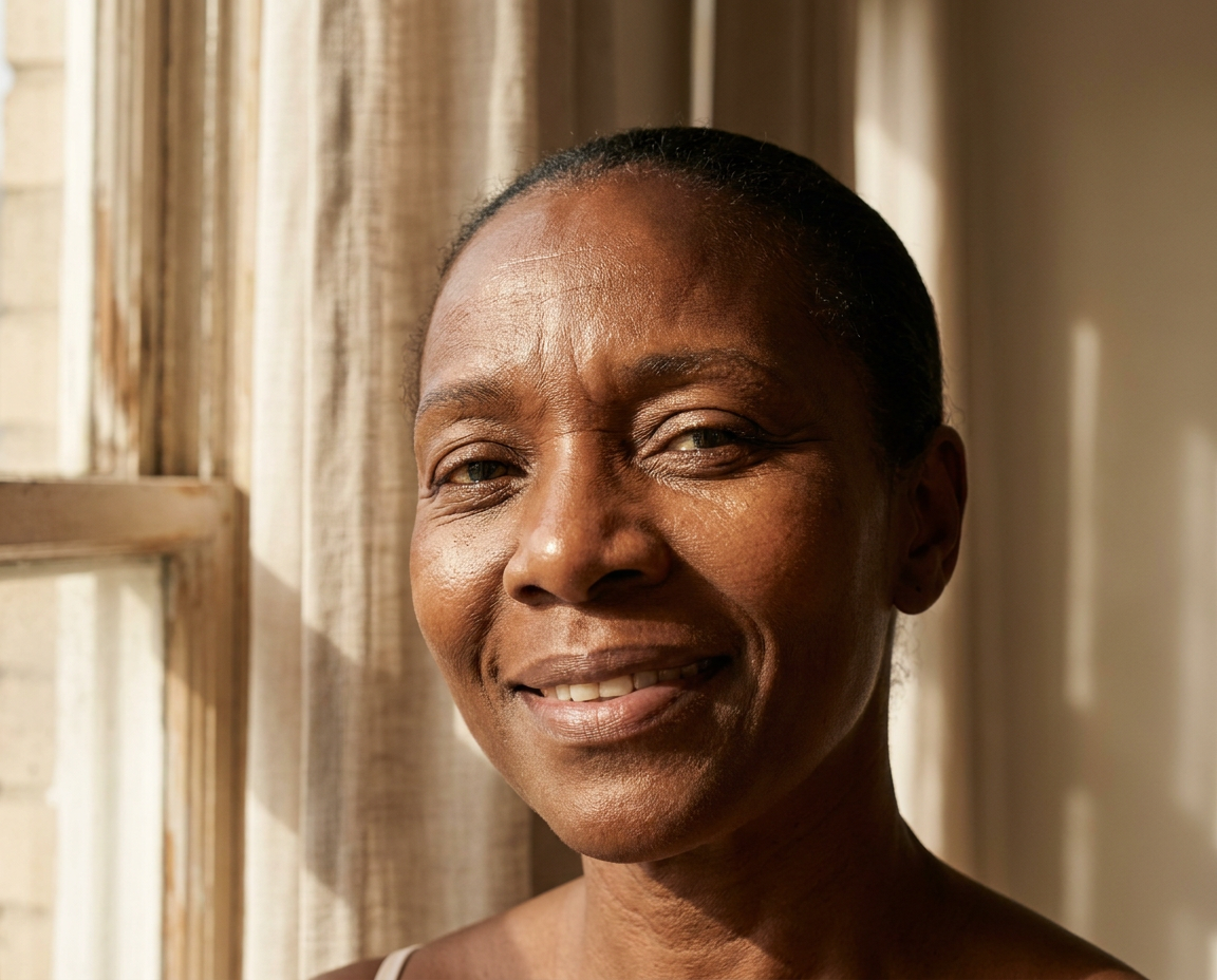 Close-up portrait of a woman in her early 50s with dark skin tone, glowing natural skin, beautiful window light