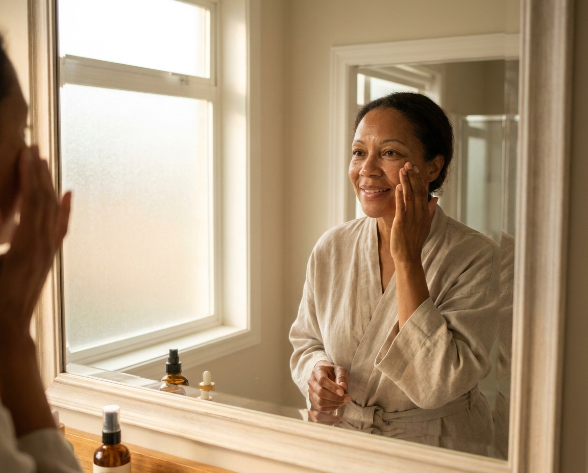 Woman with medium brown skin in her 50s applying serum at a bright bathroom mirror during her morning skincare routine