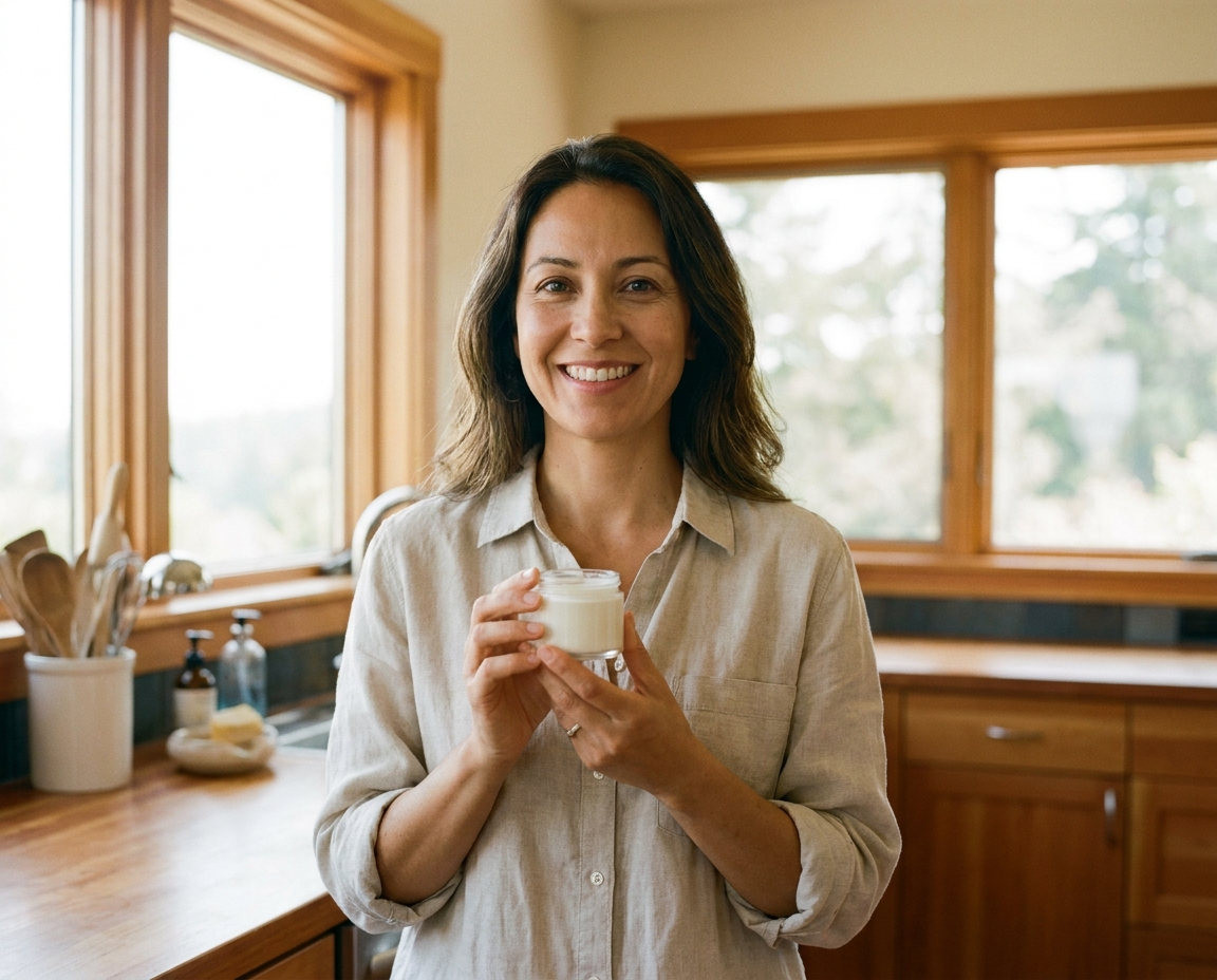 South Asian woman in her 40s smiling and holding a skincare product with satisfaction in a bright, airy home setting