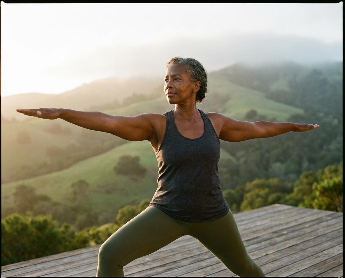 A woman aged 50 to 60 with deep brown skin doing a yoga warrior pose outdoors on a wooden deck overlooking green hills, serene and strong