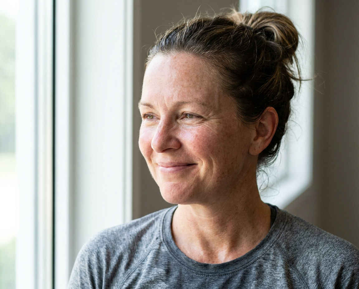 Close-up portrait of a woman aged 45 to 58 with light skin and natural freckles, showing a healthy post-workout flush and radiant dewy skin in natural window light