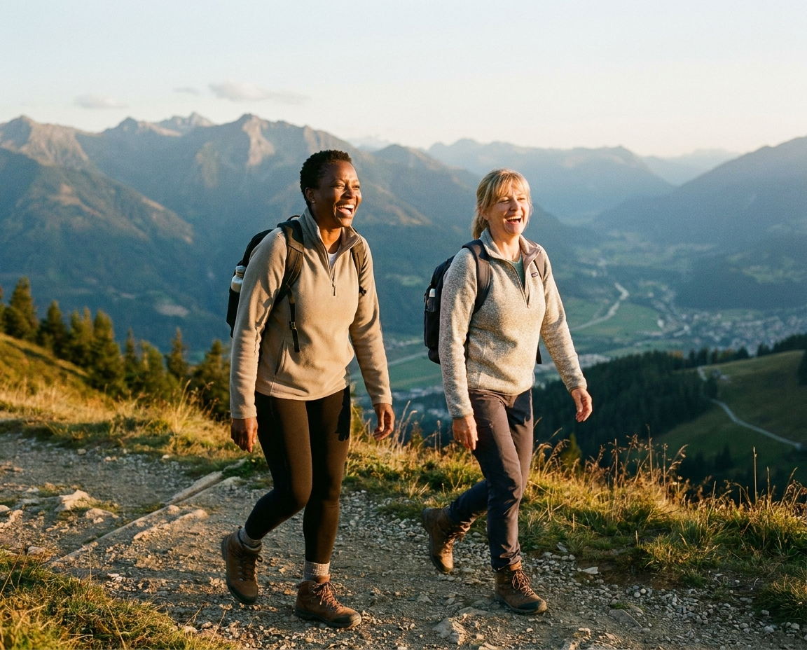 Two women aged 50 to 65, one Black and one Caucasian, laughing joyfully while hiking together on a mountain path with a scenic view behind them