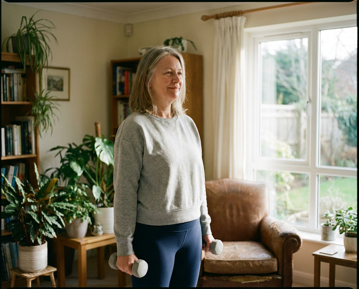 A woman in her late 50s with fair skin and silver-streaked hair doing light dumbbell curls in a bright airy home living room, approachable and relaxed