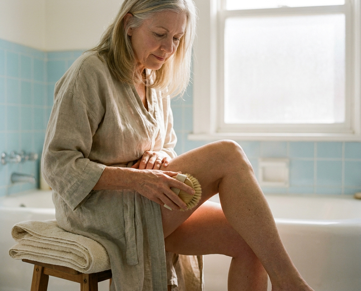 Woman in her 60s dry-brushing her inner thigh with a natural bristle brush in morning light