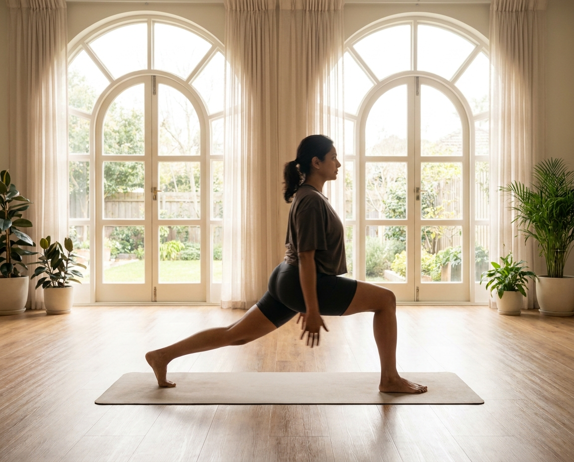 South Asian woman in a yoga studio holding a deep lunge stretch to support lymph flow