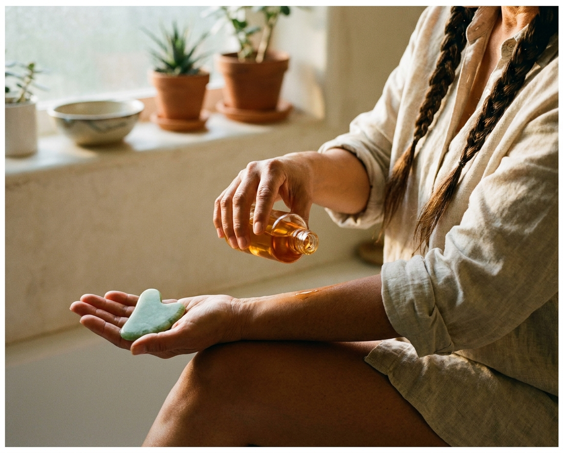 Woman applying body oil and holding a gua sha stone preparing for self-massage on her thigh