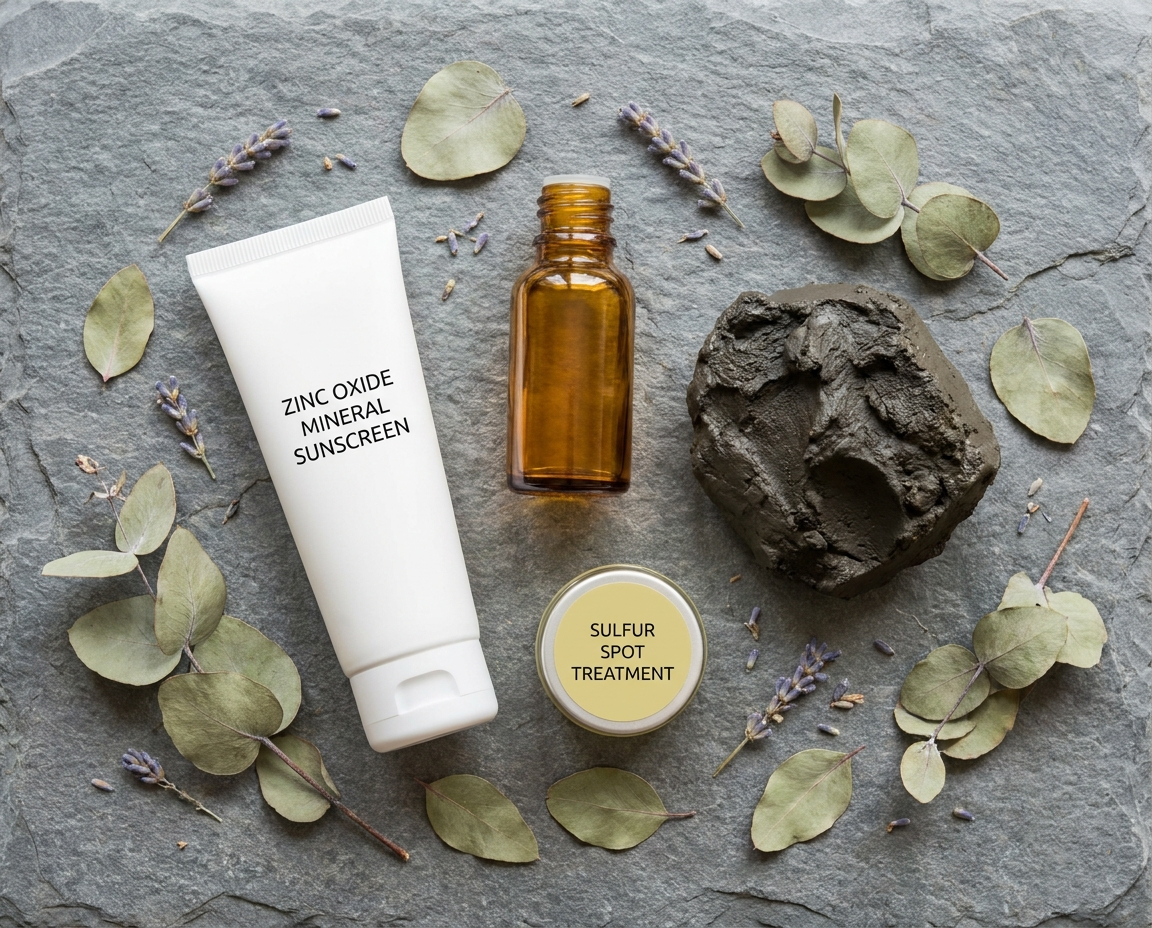 Flat lay of mineral skincare products on grey stone surface with dried botanicals