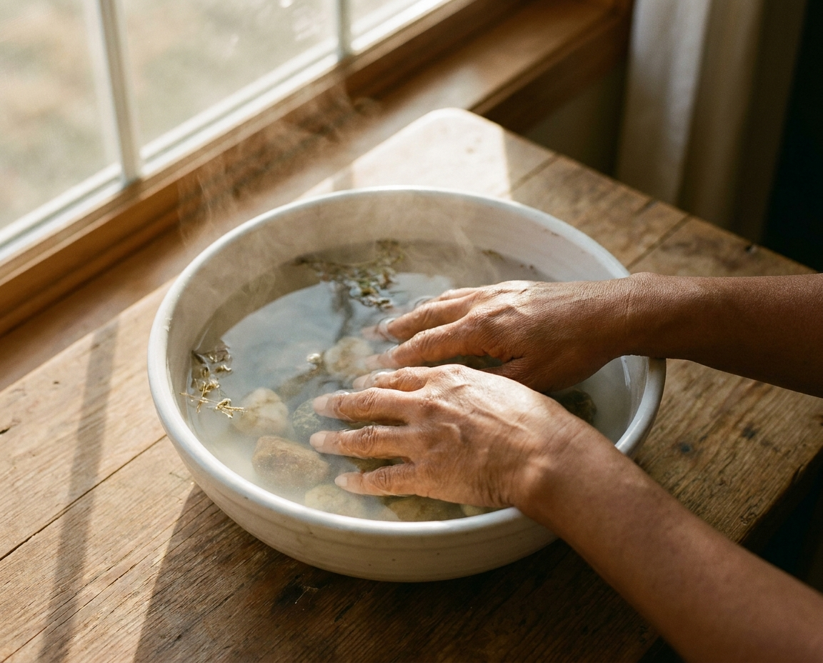 Close-up of a woman's hands soaking in a white ceramic bowl of warm mineral bath water
