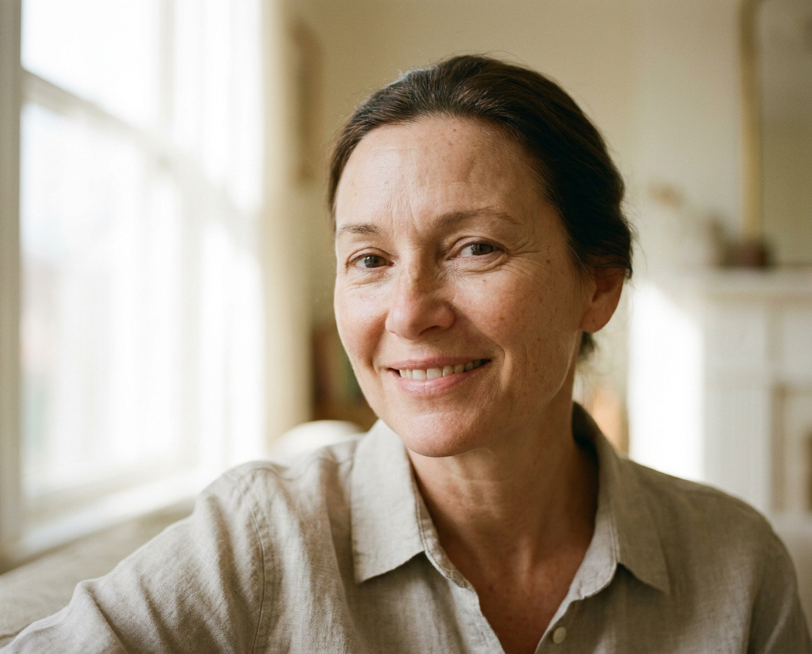 Close-up portrait of a woman in her mid-50s with radiant, glowing, naturally healthy skin in soft window light