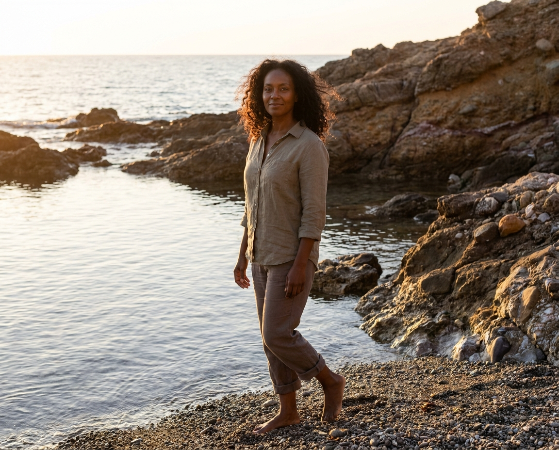 Woman in her early 40s with deep brown skin standing at the edge of a calm sea at golden hour