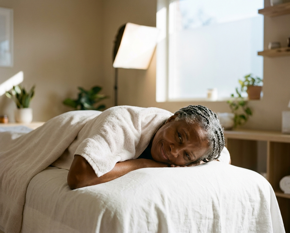 Black woman in her 60s relaxing on a spa treatment table with a white towel, serene expression