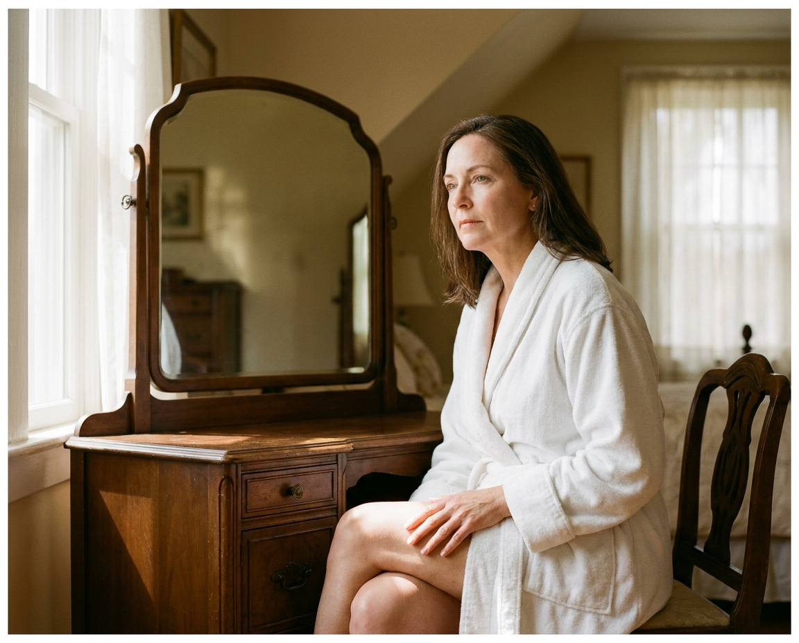 Woman in her early 50s in a white cotton robe examining leg skin at a sunny vanity mirror