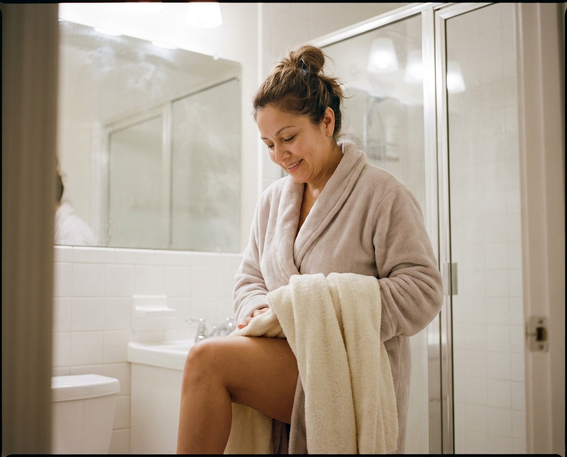Latina woman in her late 40s patting her leg with a soft towel after a shower in a white-tiled bathroom