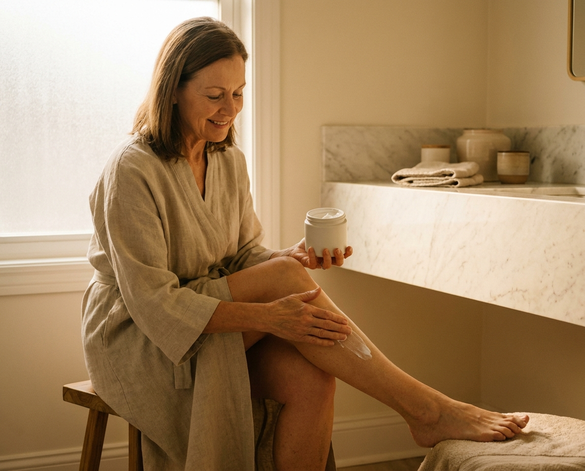 Woman in her mid-60s applying lotion to her leg in a serene softly lit bathroom with marble countertop