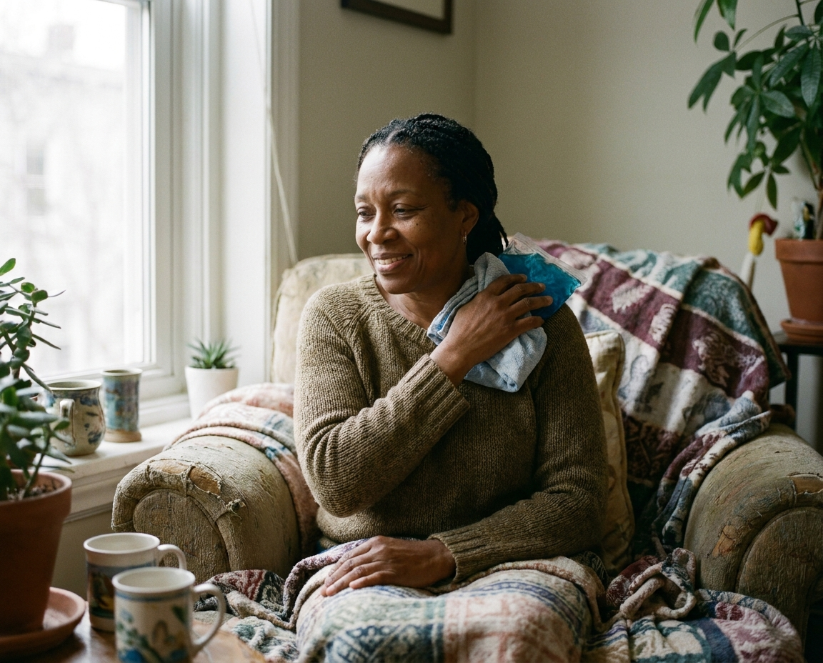 Woman with dark skin tone applying a cold pack to her shoulder at home in a cozy self-care moment