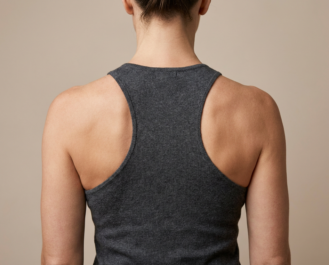 Close-up of a woman's upper back and shoulders from behind, conveying strength and good posture