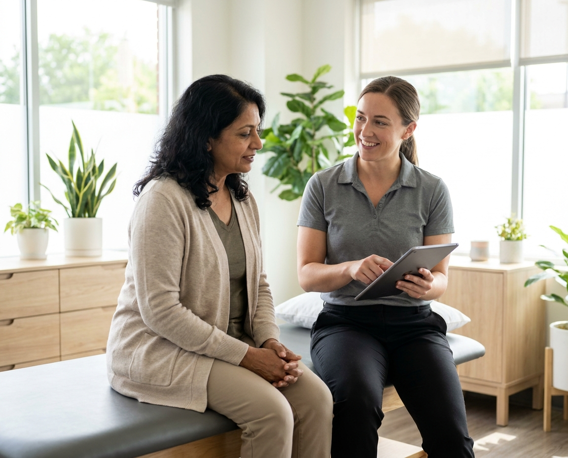 Woman consulting with a female physical therapist in a warm, modern clinical setting