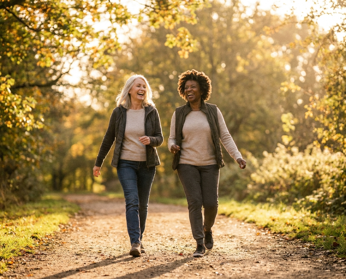 Two women in their 50s walking outdoors together laughing, moving freely with good posture in golden afternoon light