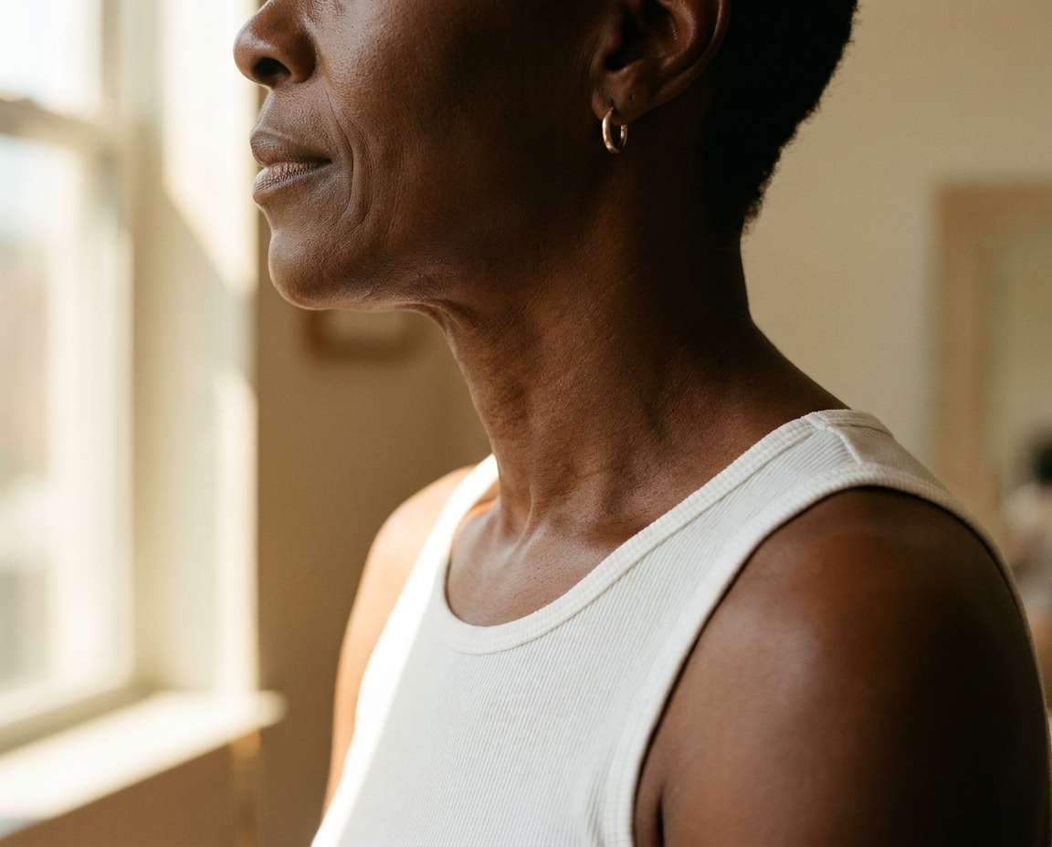 Close-up editorial portrait of a 55-year-old Black woman's neck and jawline in warm directional window light